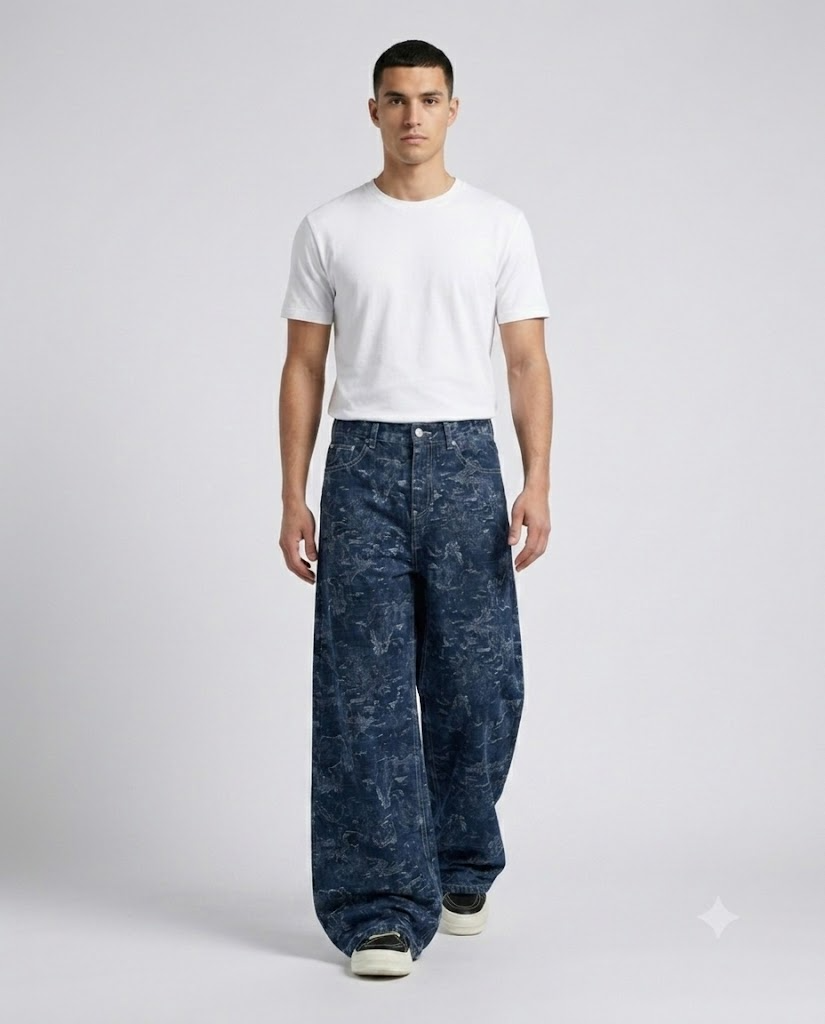 Boulevard Jeans — Dark Weave on model — walking, fabric in motion