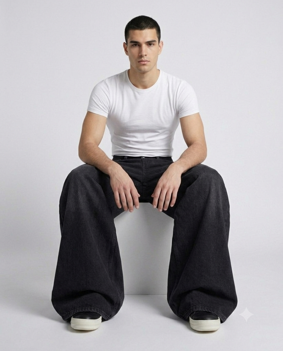 Slack Jeans — Totem Clay on model — seated fit view