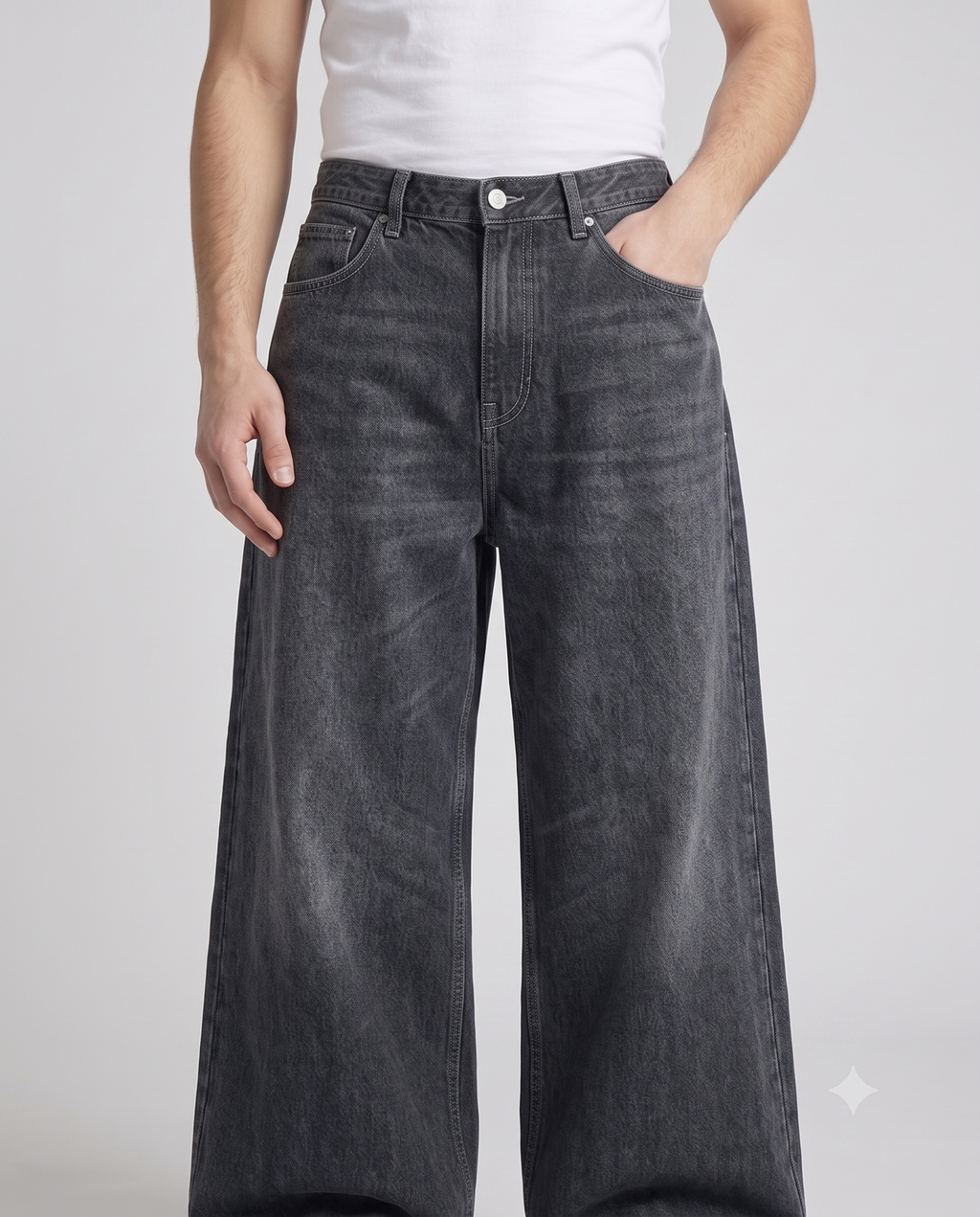 Big Easy Jeans Patchwork Night on model — waist and pocket detail