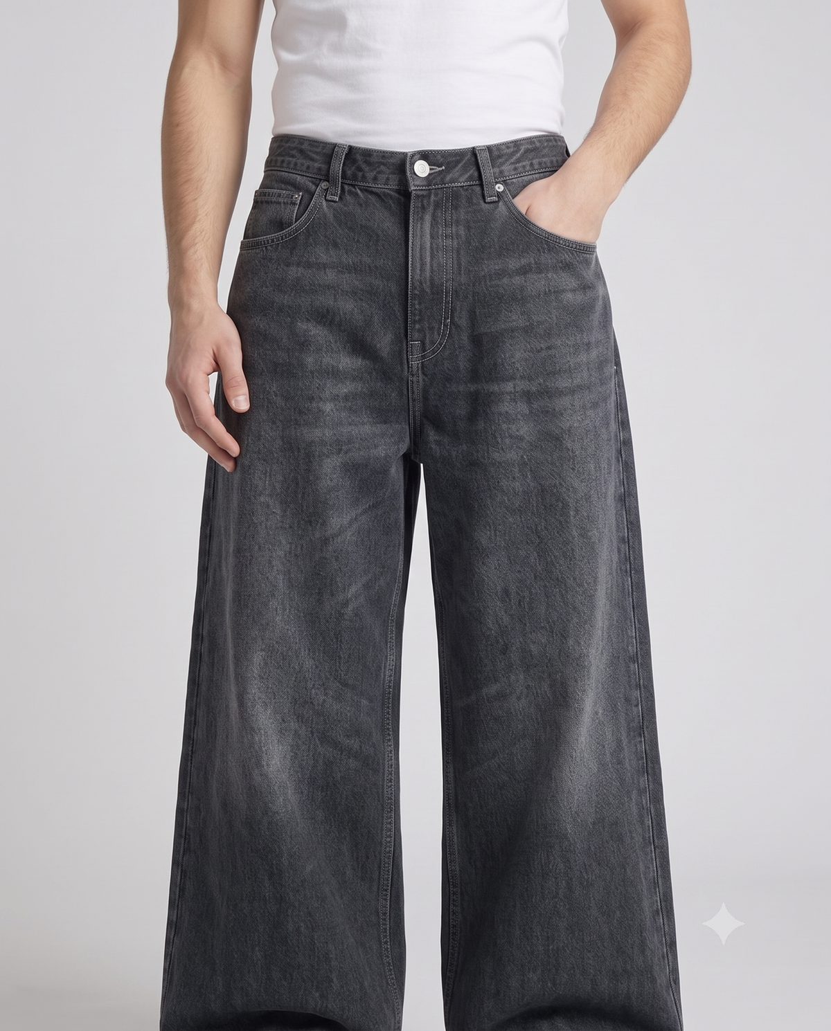 Big Easy Jeans Patchwork Night on model — waist and pocket detail