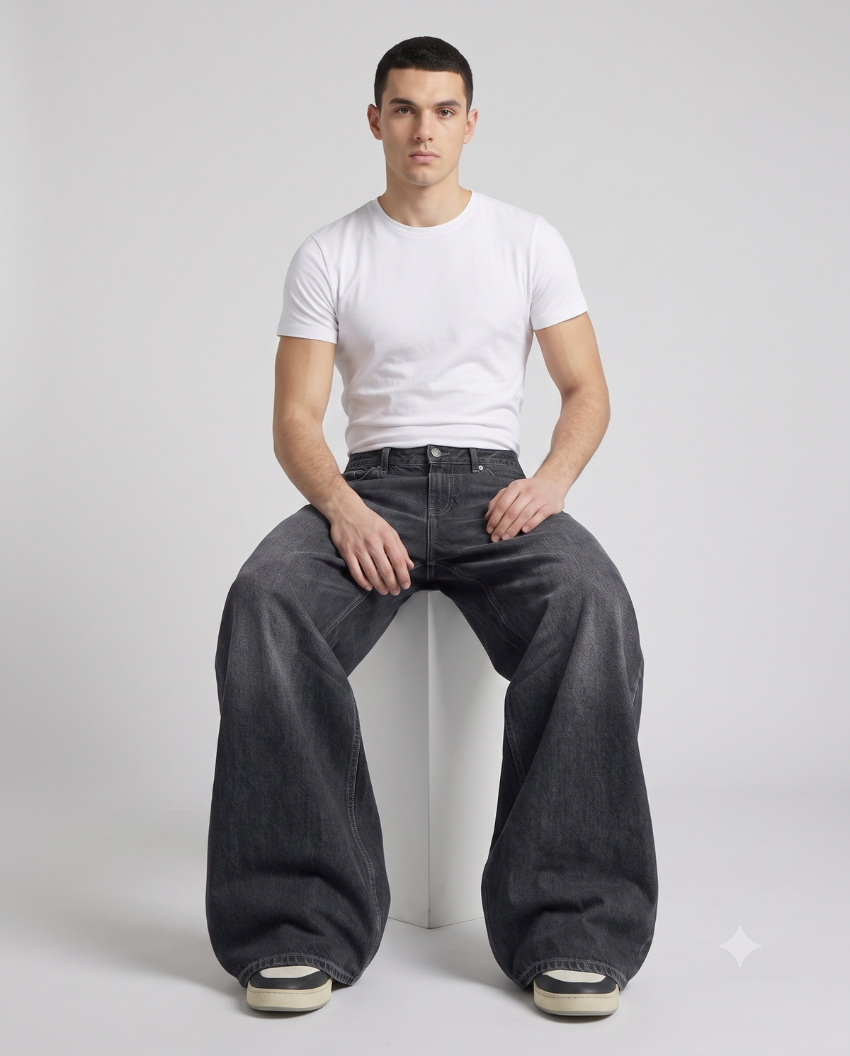 Big Easy Jeans Patchwork Night on model — seated fit view