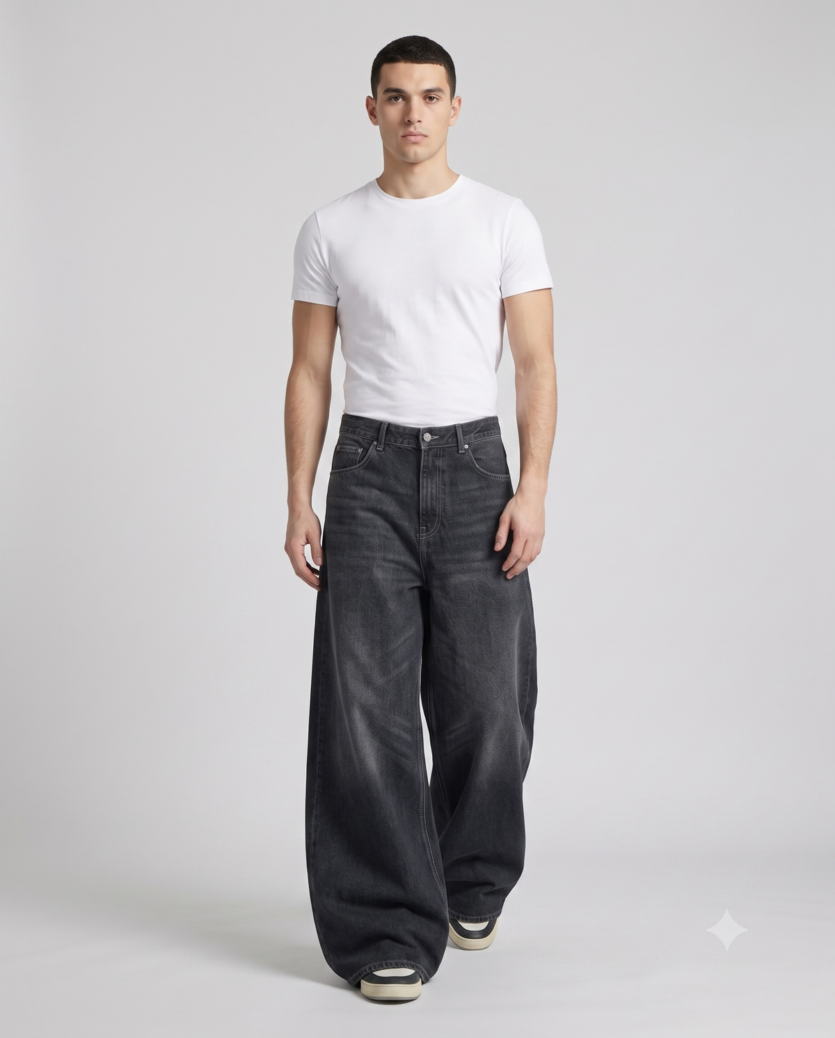 Big Easy Jeans Patchwork Night on model — walking, fabric in motion
