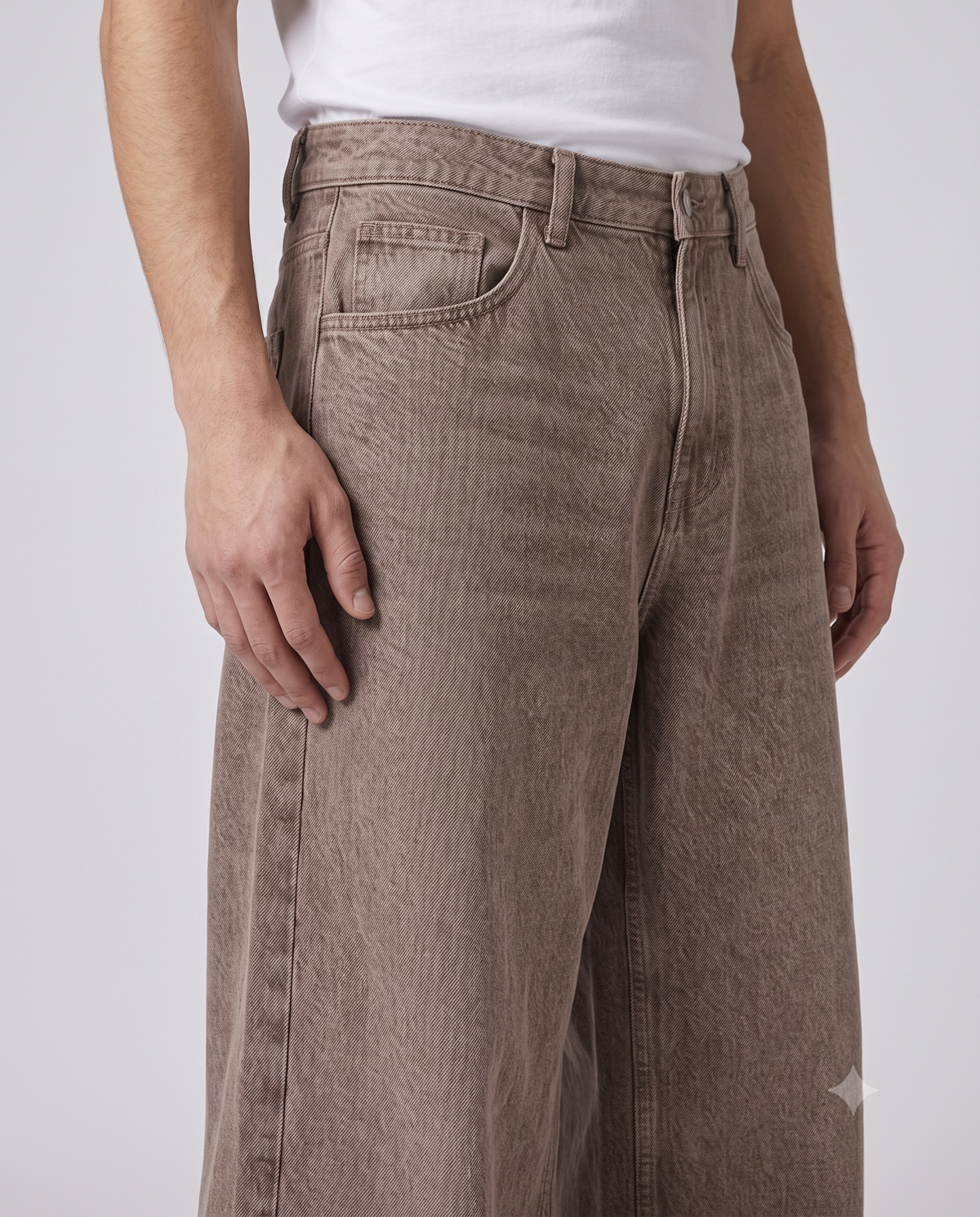 Maxout Jeans Timber Brown on model — waist and pocket detail