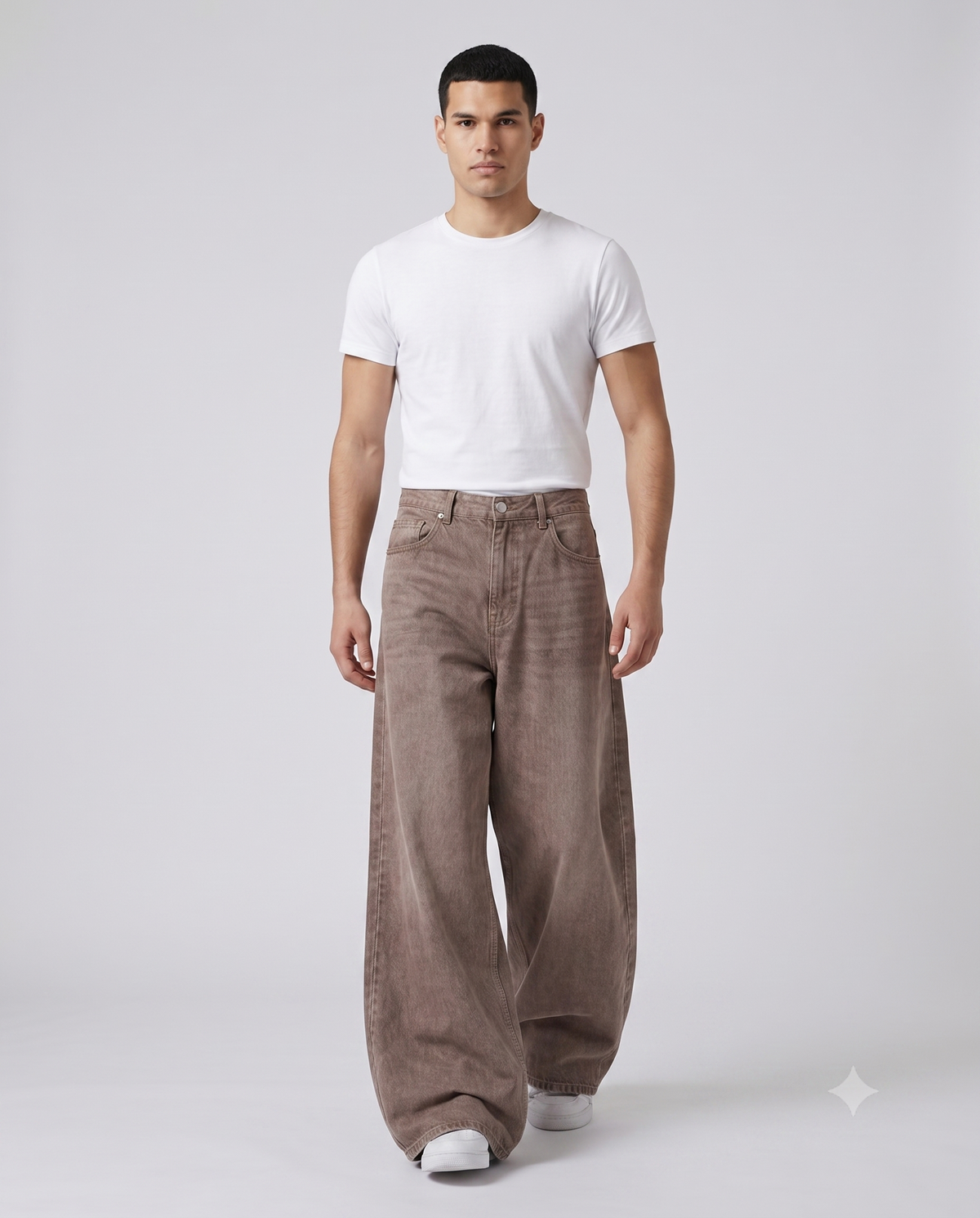Maxout Jeans Timber Brown on model — walking, fabric in motion