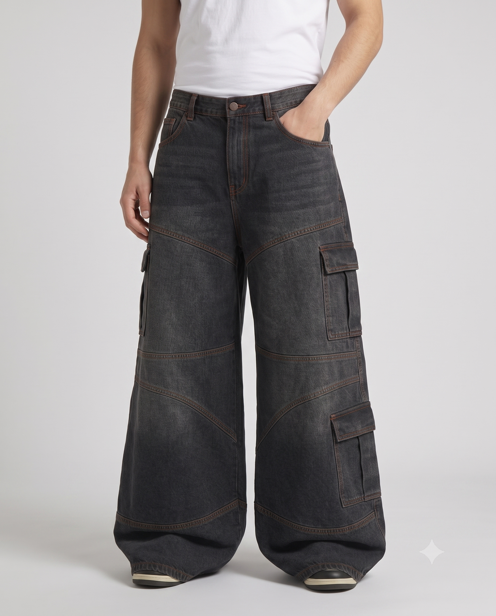 Foreman Jeans Contrast Stitch on model — waist and pocket detail