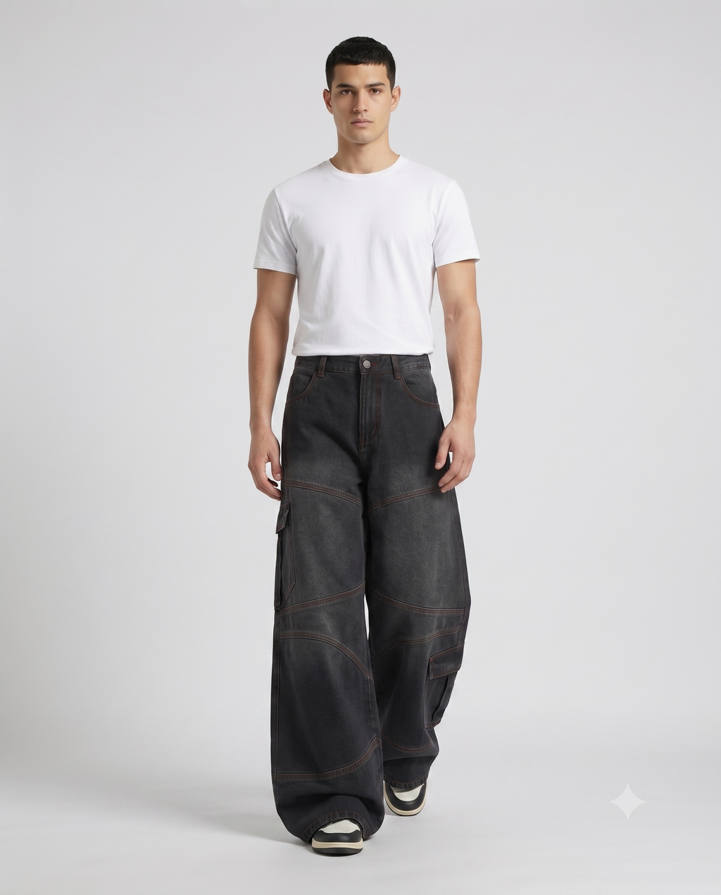 Foreman Jeans Contrast Stitch on model — walking, fabric in motion
