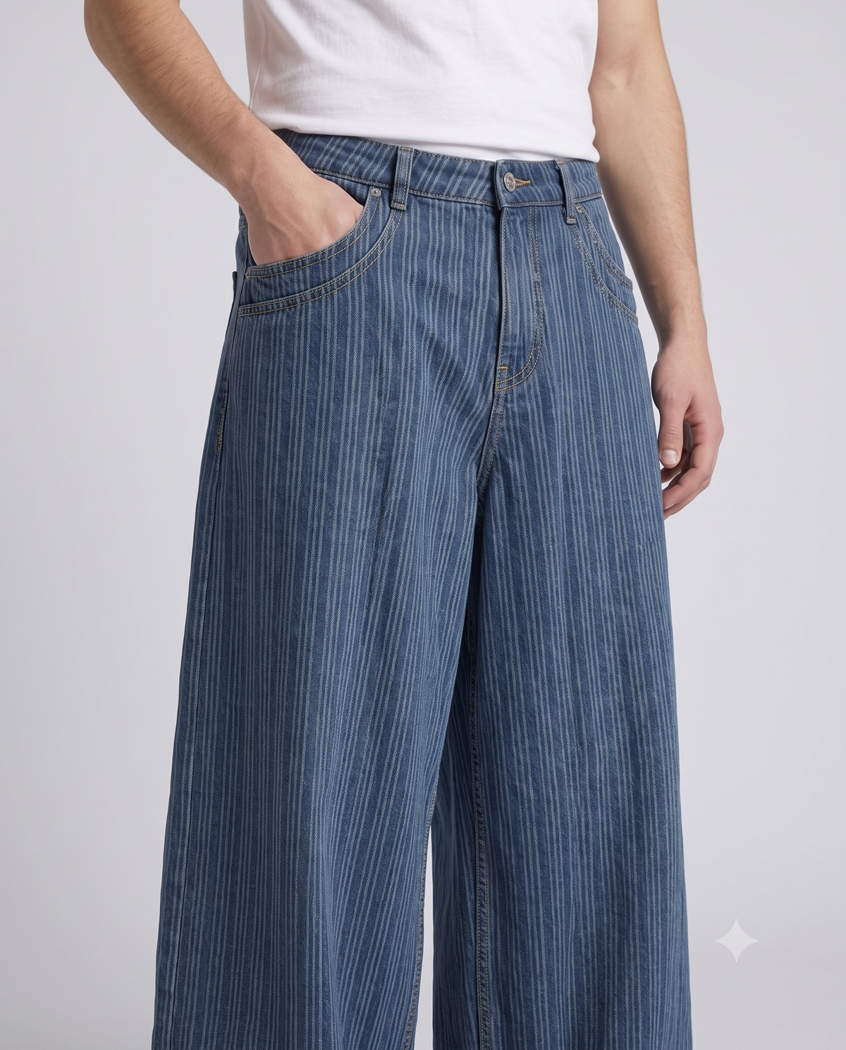 Easy Jeans Tide Stripe on model — waist and pocket detail