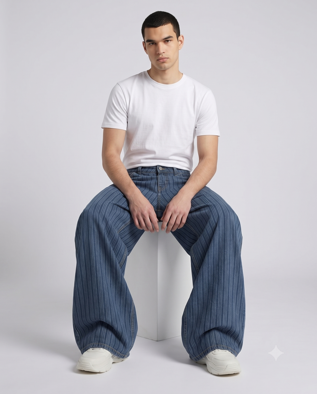 Easy Jeans Tide Stripe on model — seated fit view