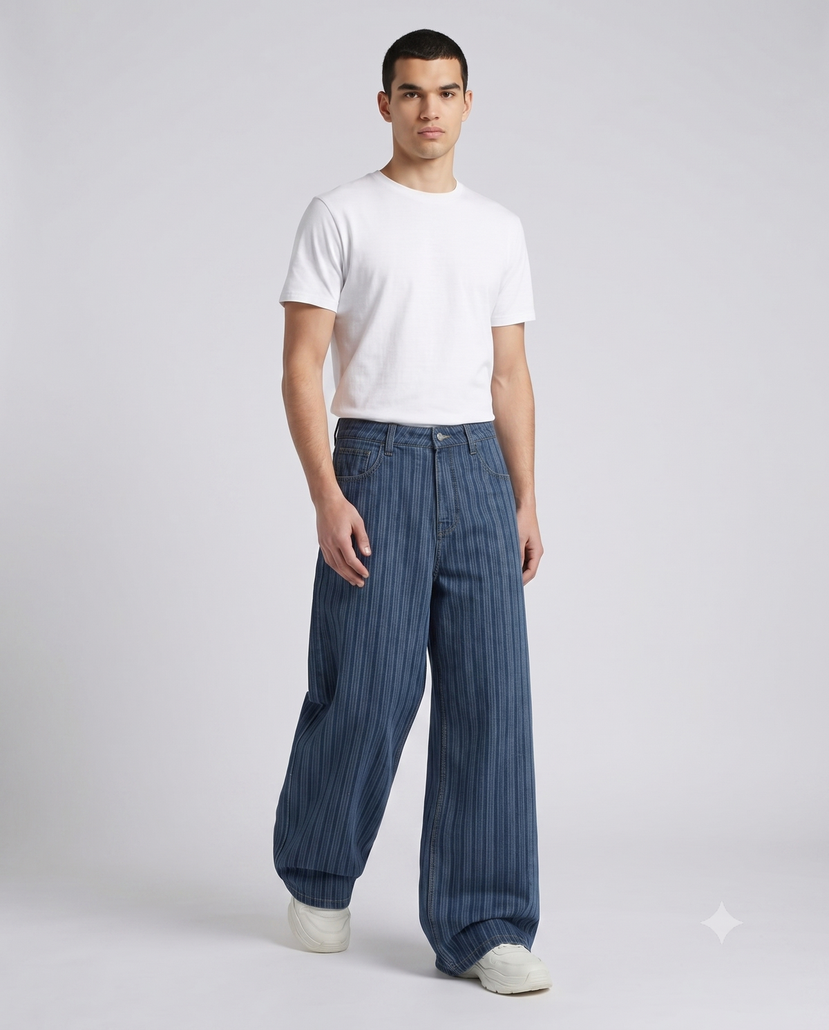 Easy Jeans Tide Stripe on model — walking, fabric in motion