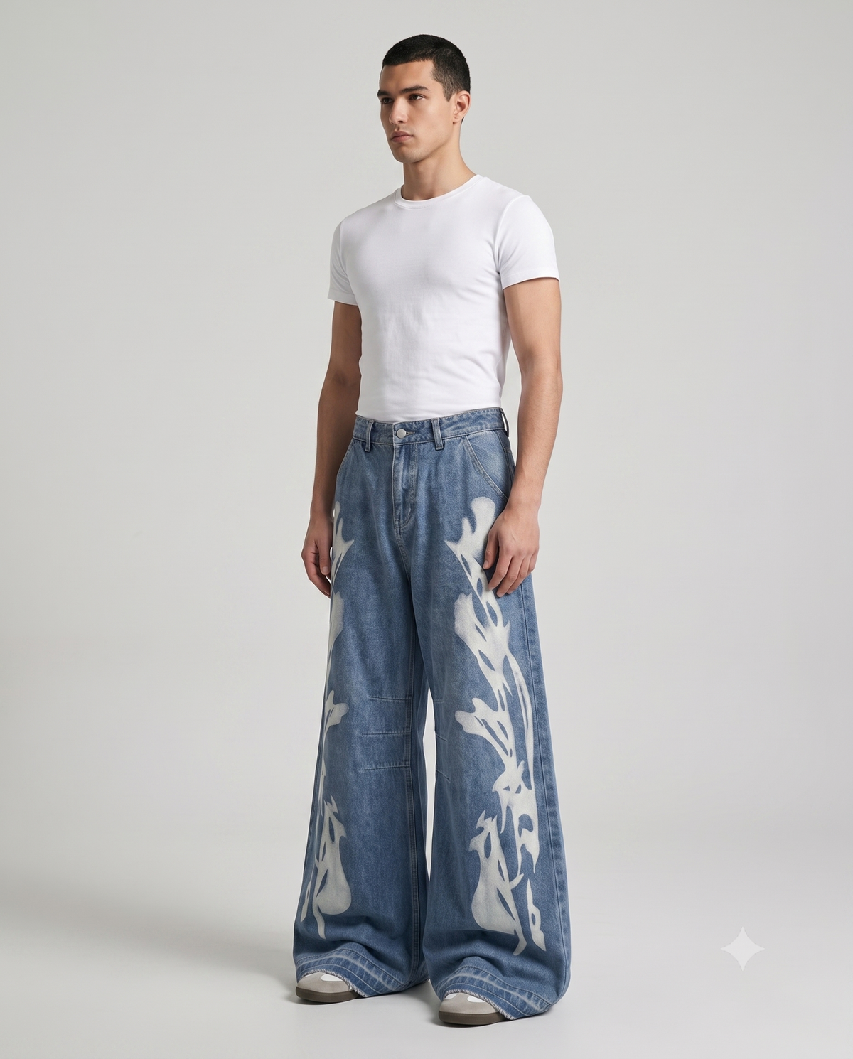 Maxout Jeans Vintage Fade on model — seated fit view