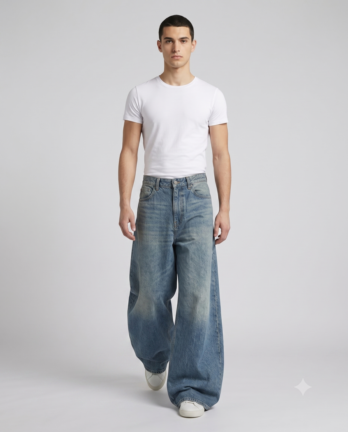 Maxout Jeans Vintage Fade on model — walking, fabric in motion