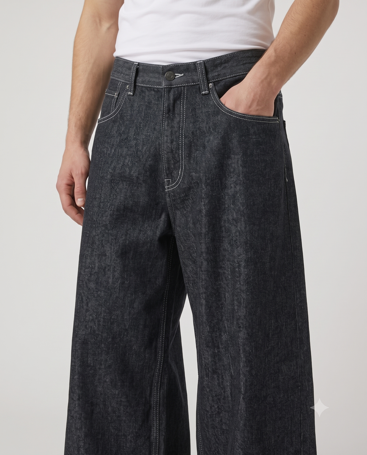 Boulevard Jeans Coal Black on model — waist and pocket detail
