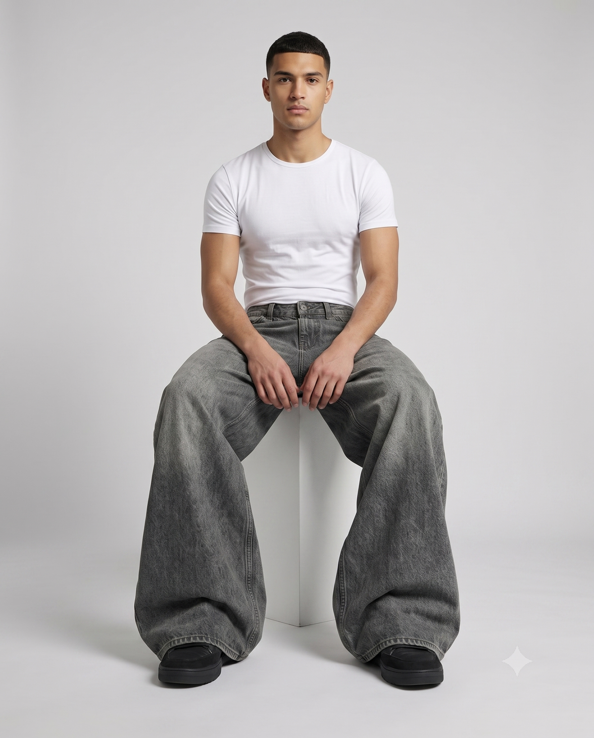 Big Easy Jeans — Camo Star on model — seated fit view