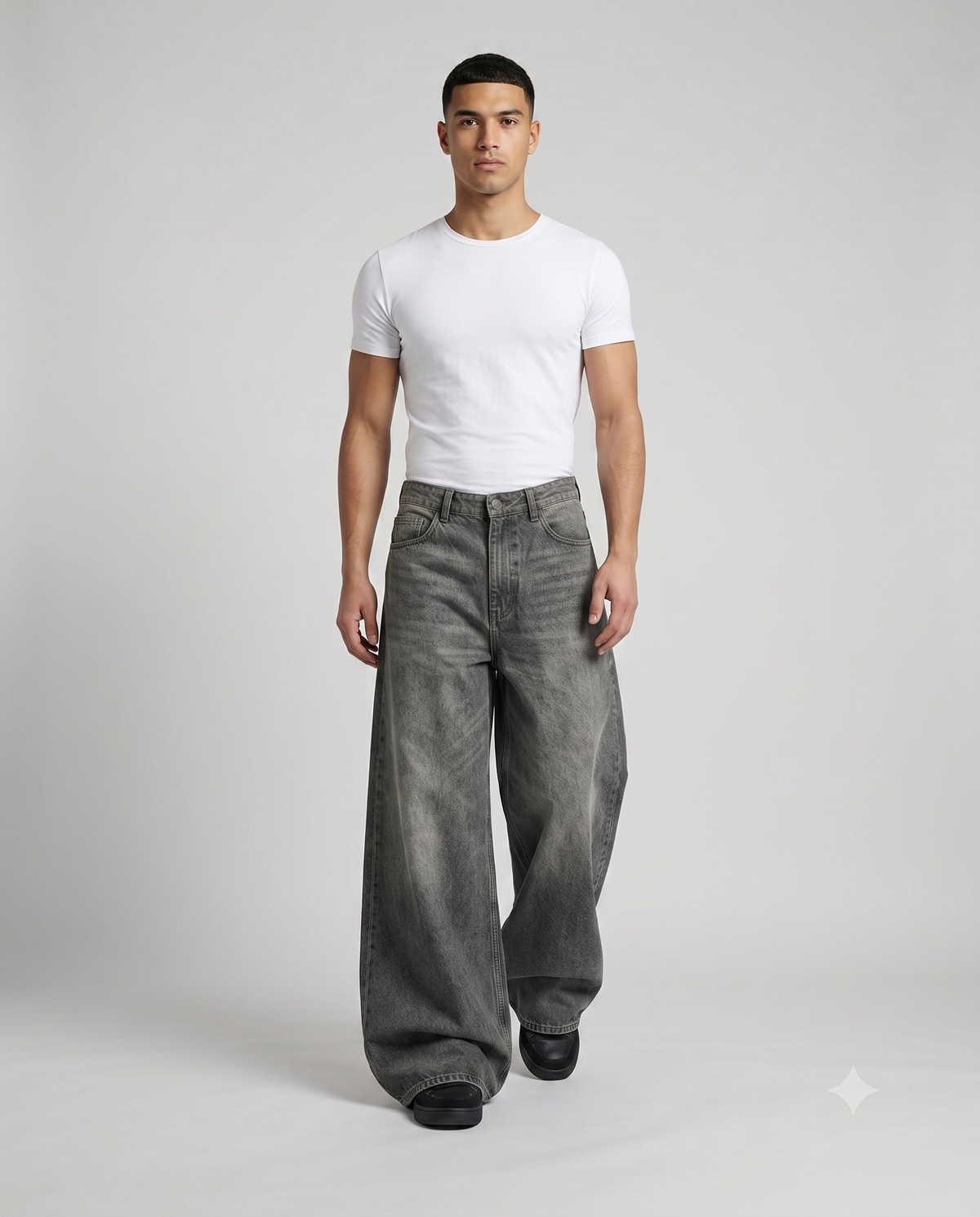 Big Easy Jeans — Camo Star on model — walking, fabric in motion