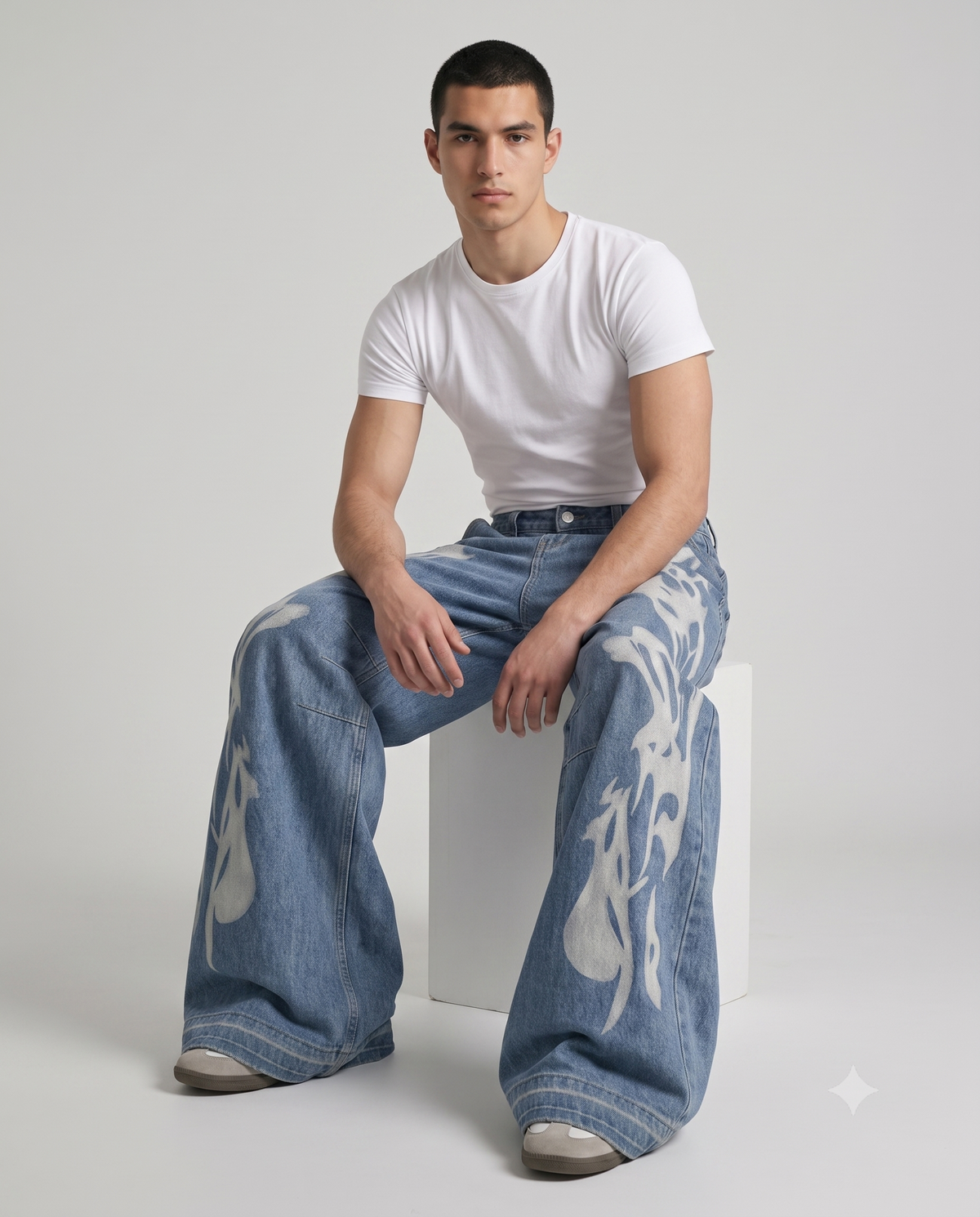 Session Jeans Static Fade on model — seated fit view