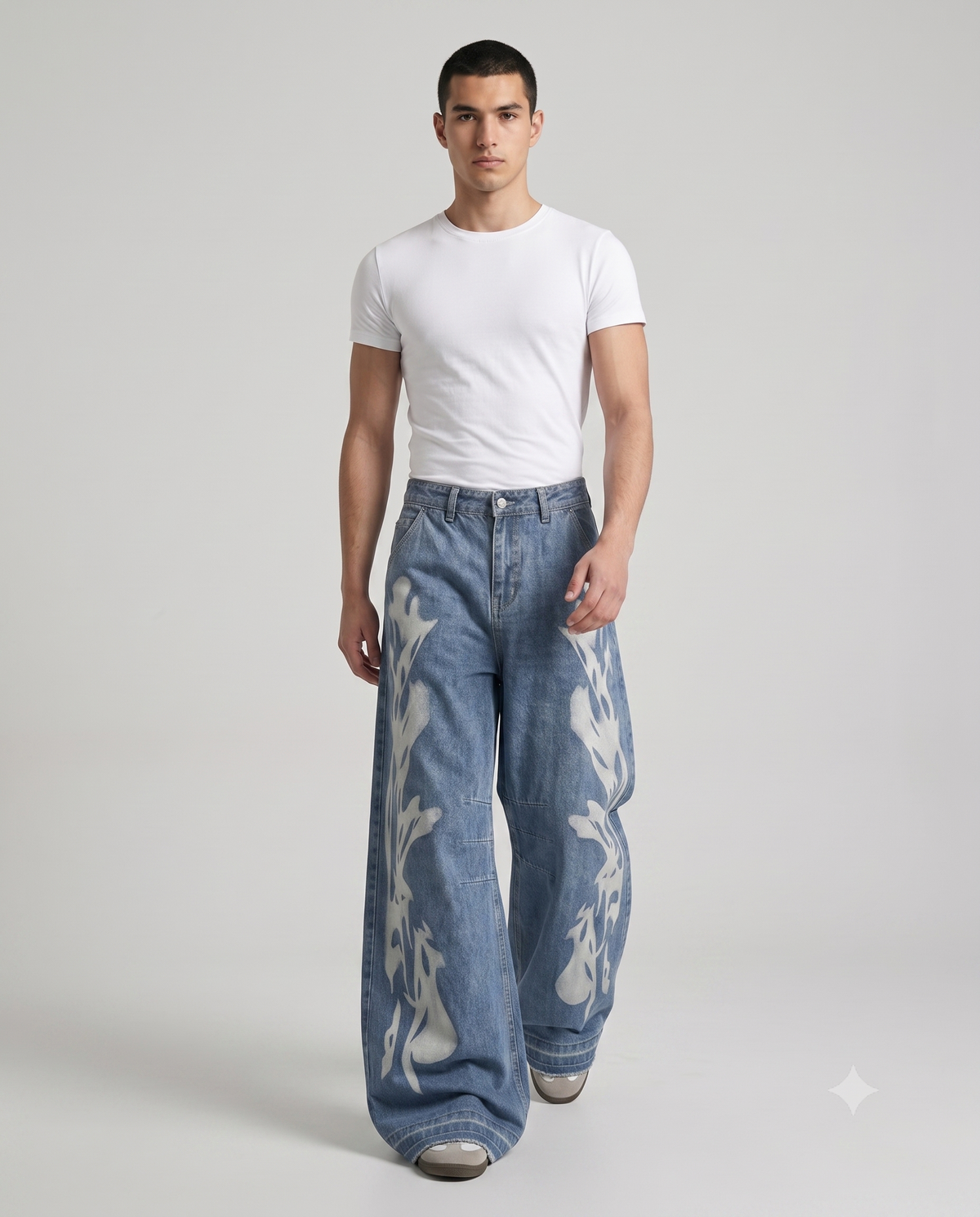 Session Jeans Static Fade on model — walking, fabric in motion