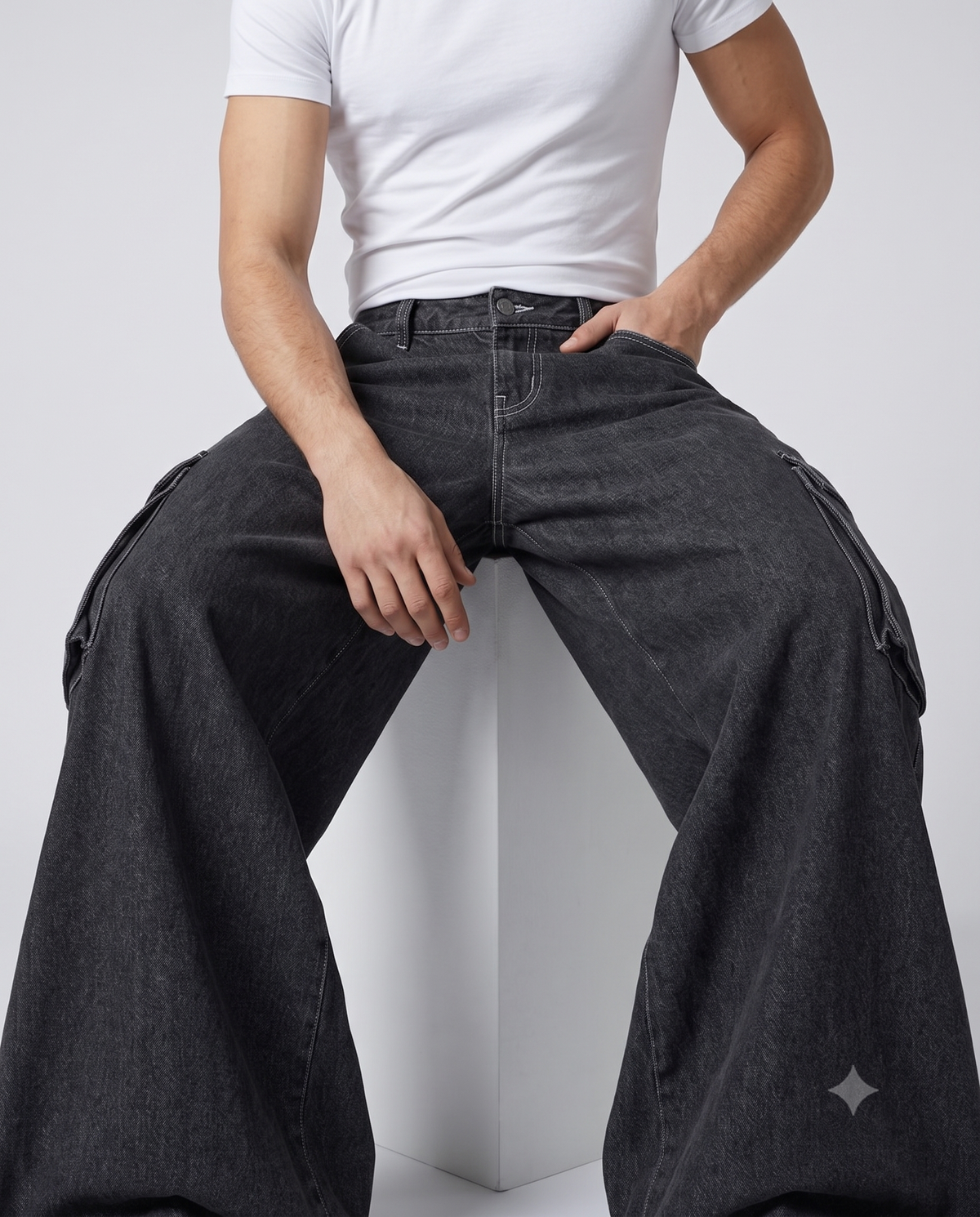 Big Easy Cargo Jeans — Night Shift on model — waist and pocket detail