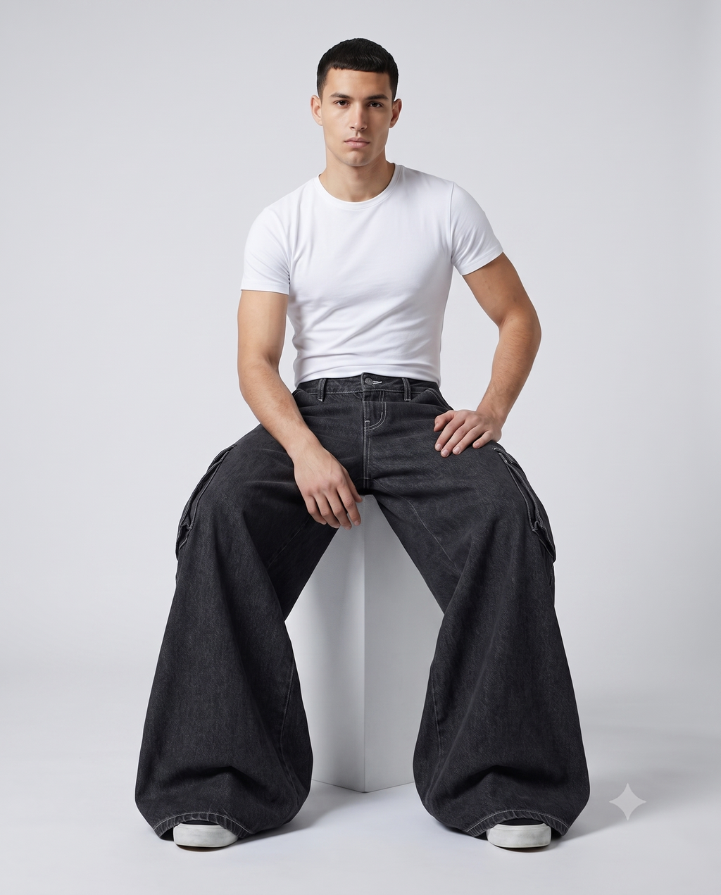 Big Easy Cargo Jeans — Night Shift on model — seated fit view