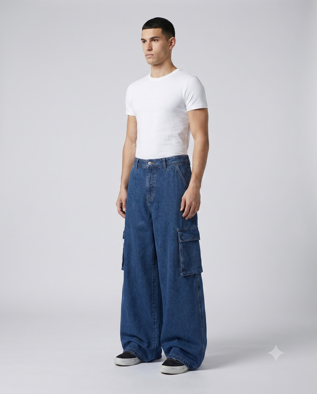 Big Easy Cargo Jeans — Night Shift on model — three-quarter view