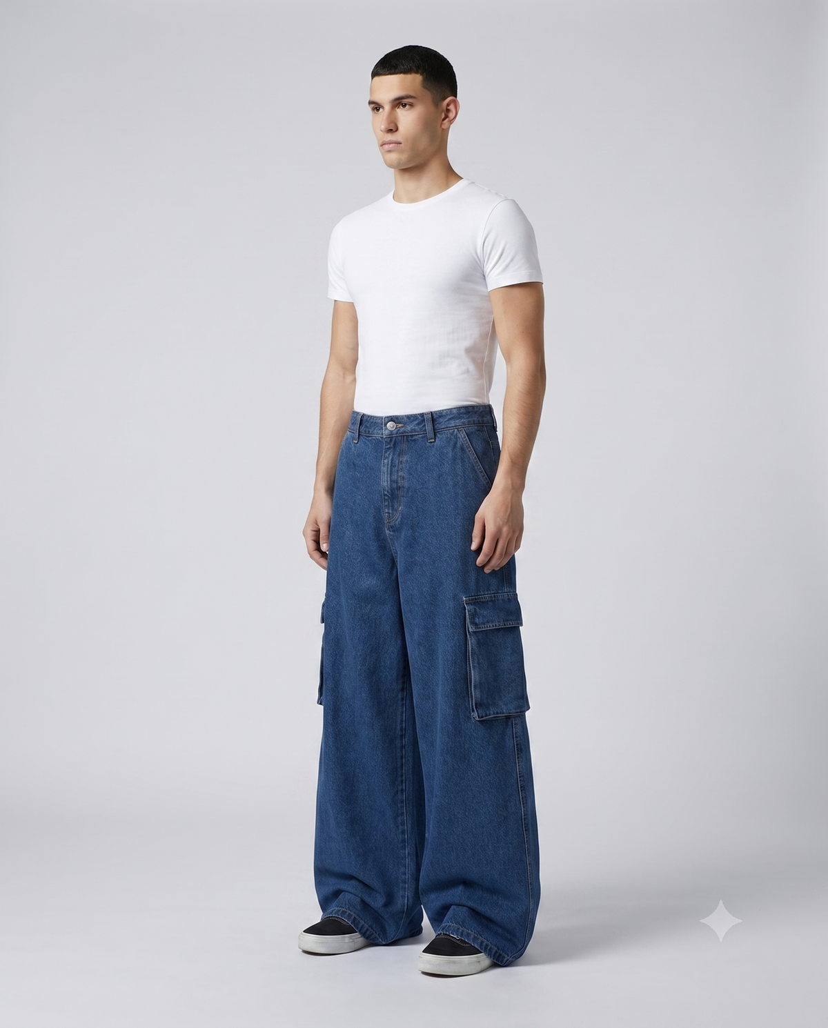 Big Easy Cargo Jeans — Night Shift on model — three-quarter view