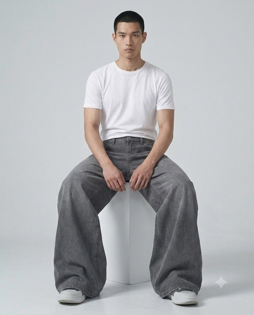 Easy Jeans — Ash Grey on model — seated fit view