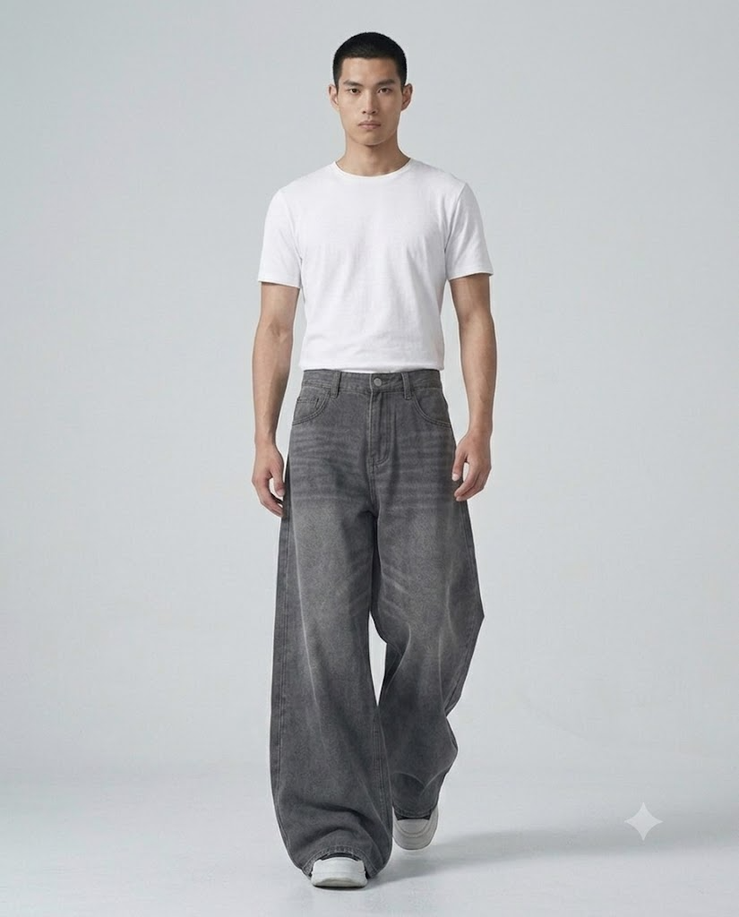 Easy Jeans — Ash Grey on model — walking, fabric in motion