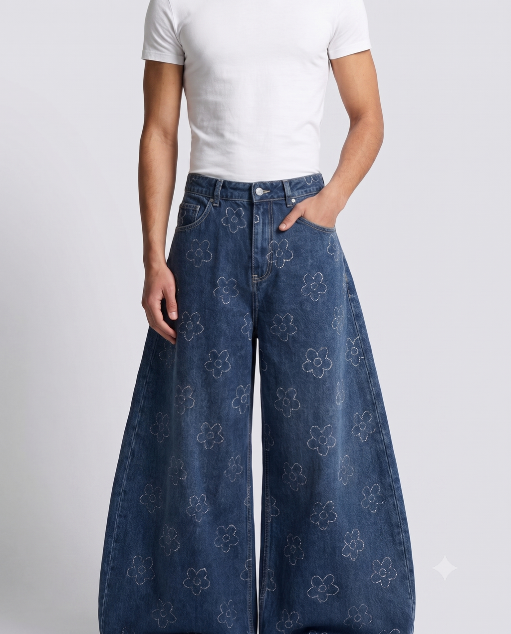 Slack Jeans — Crochet Bloom on model — waist and pocket detail