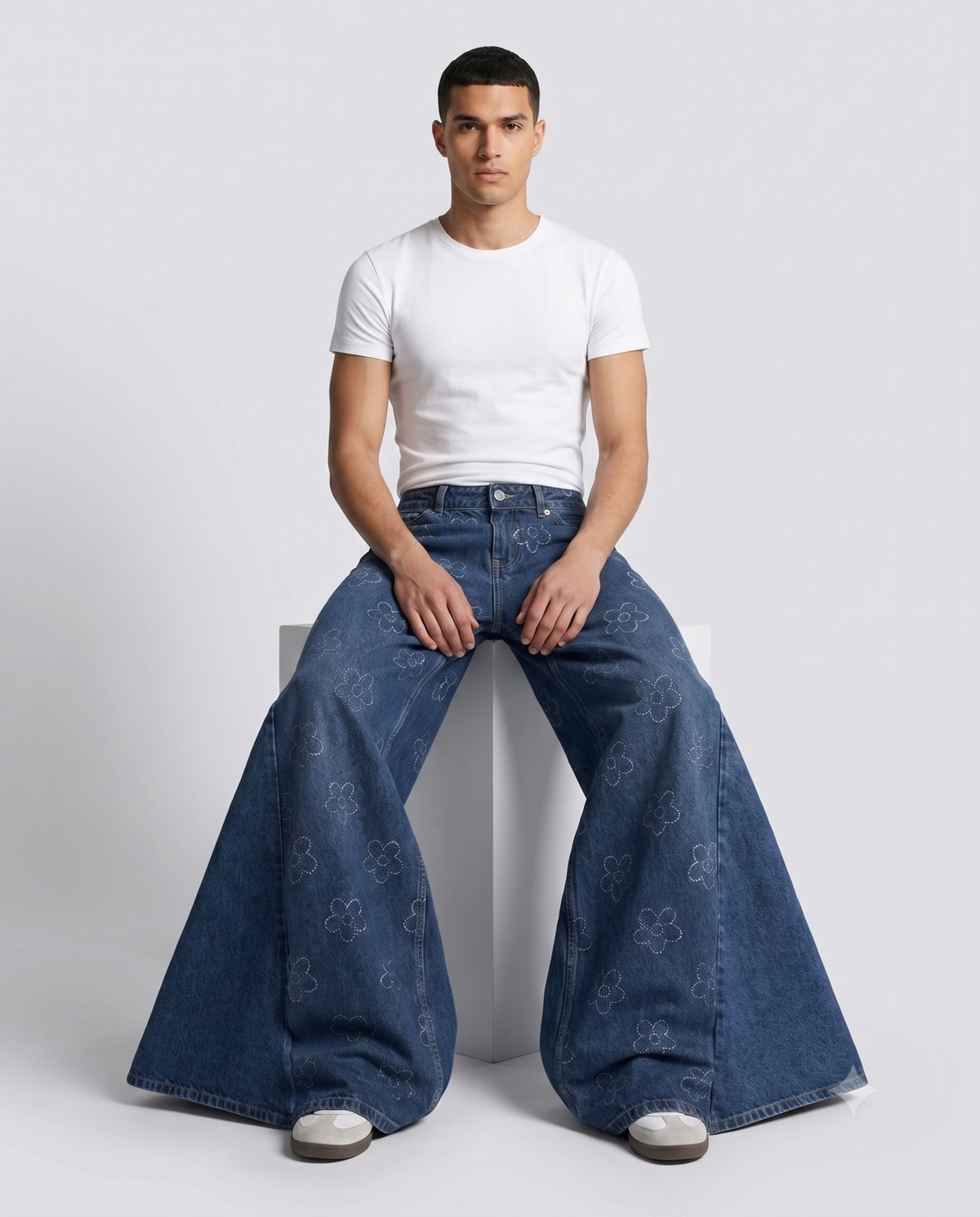 Slack Jeans — Crochet Bloom on model — seated fit view