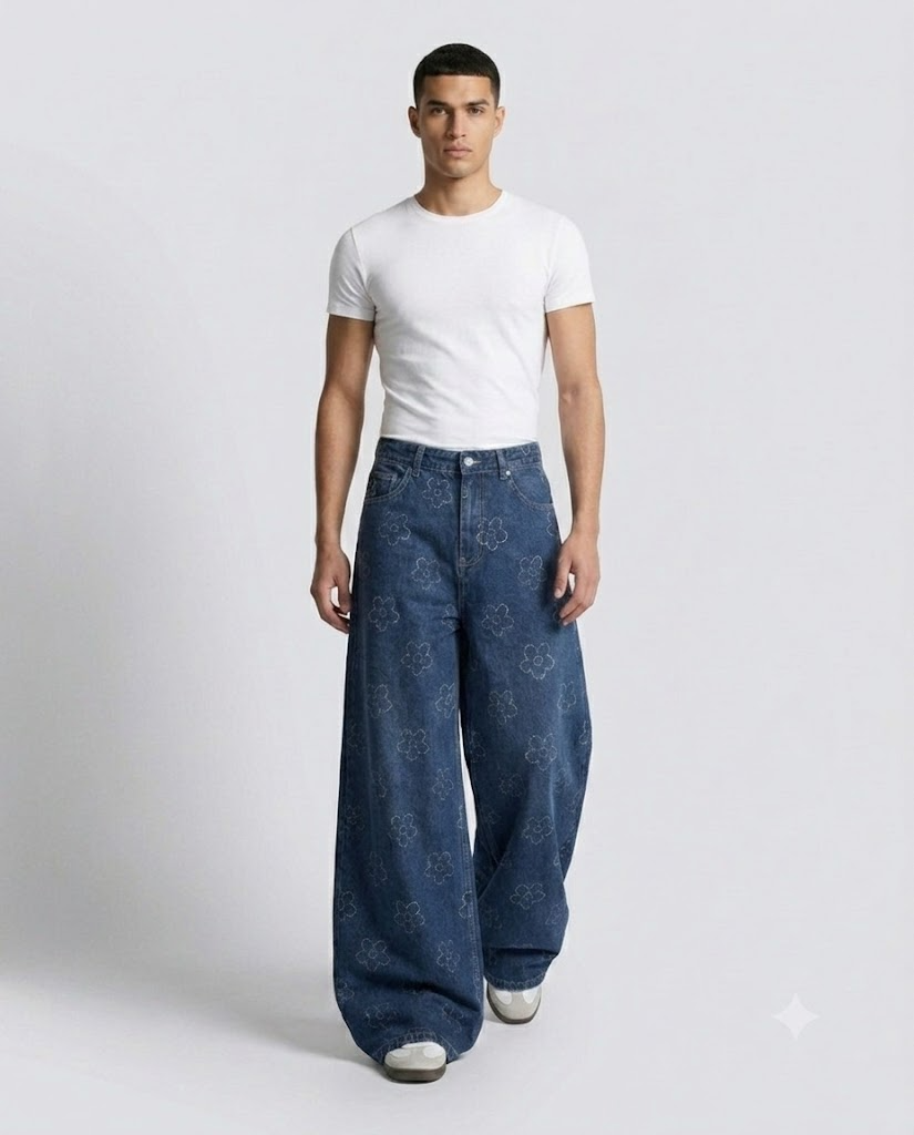 Slack Jeans — Crochet Bloom on model — walking, fabric in motion