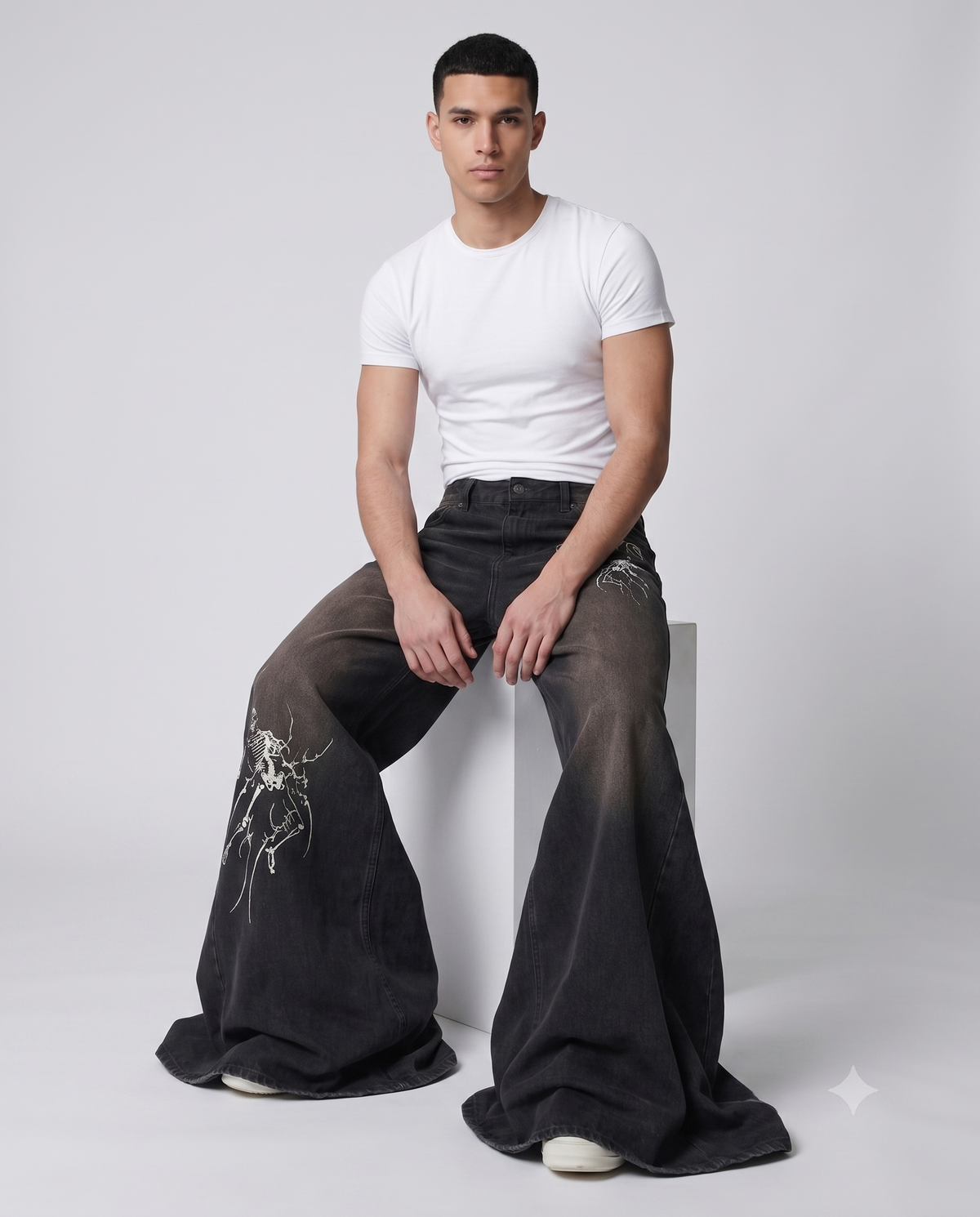 Big Easy Jeans — Shadow Black on model — seated fit view