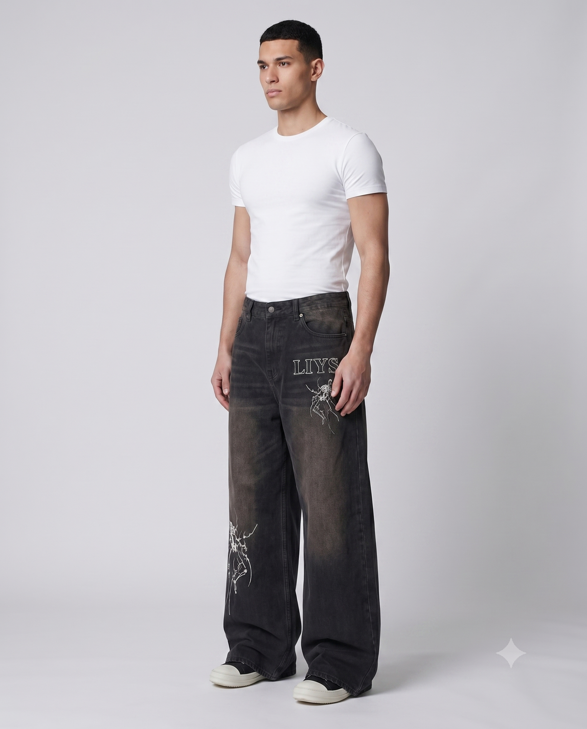 Big Easy Jeans — Shadow Black on model — three-quarter view