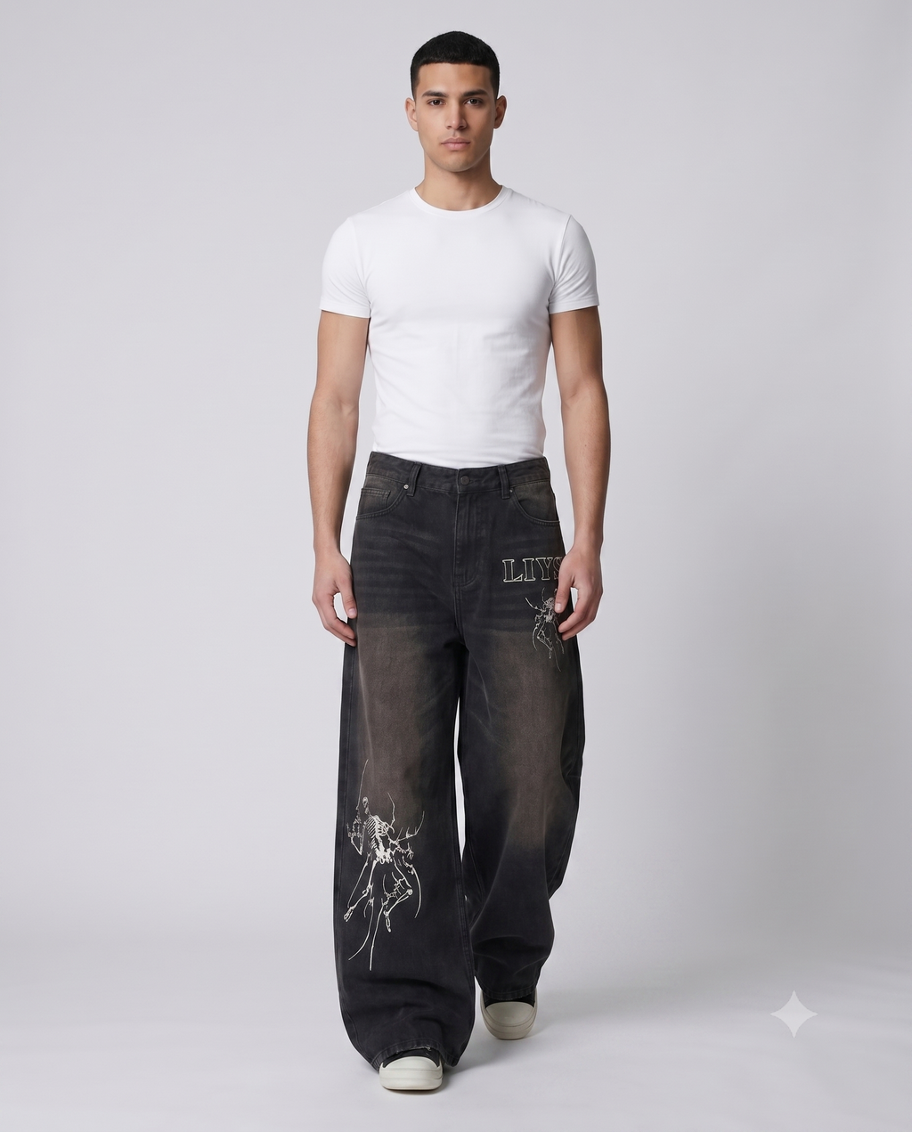 Big Easy Jeans — Shadow Black on model — walking, fabric in motion