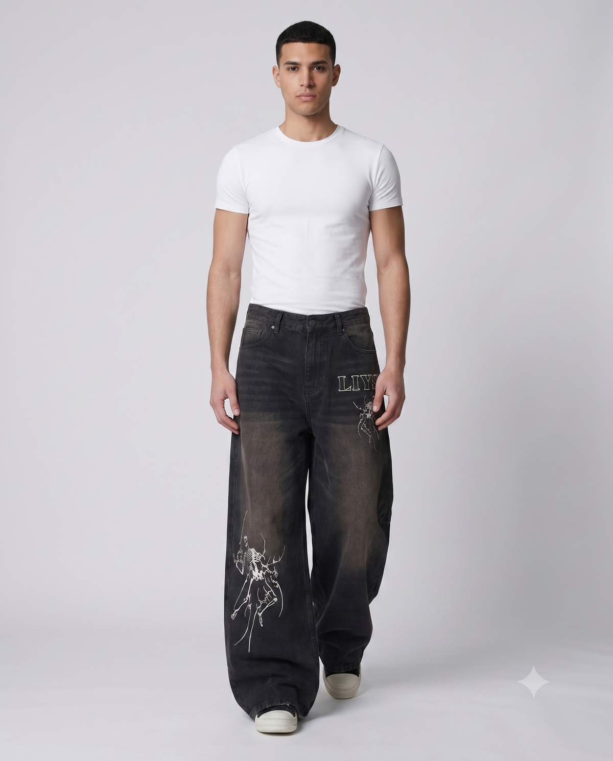 Big Easy Jeans — Shadow Black on model — walking, fabric in motion