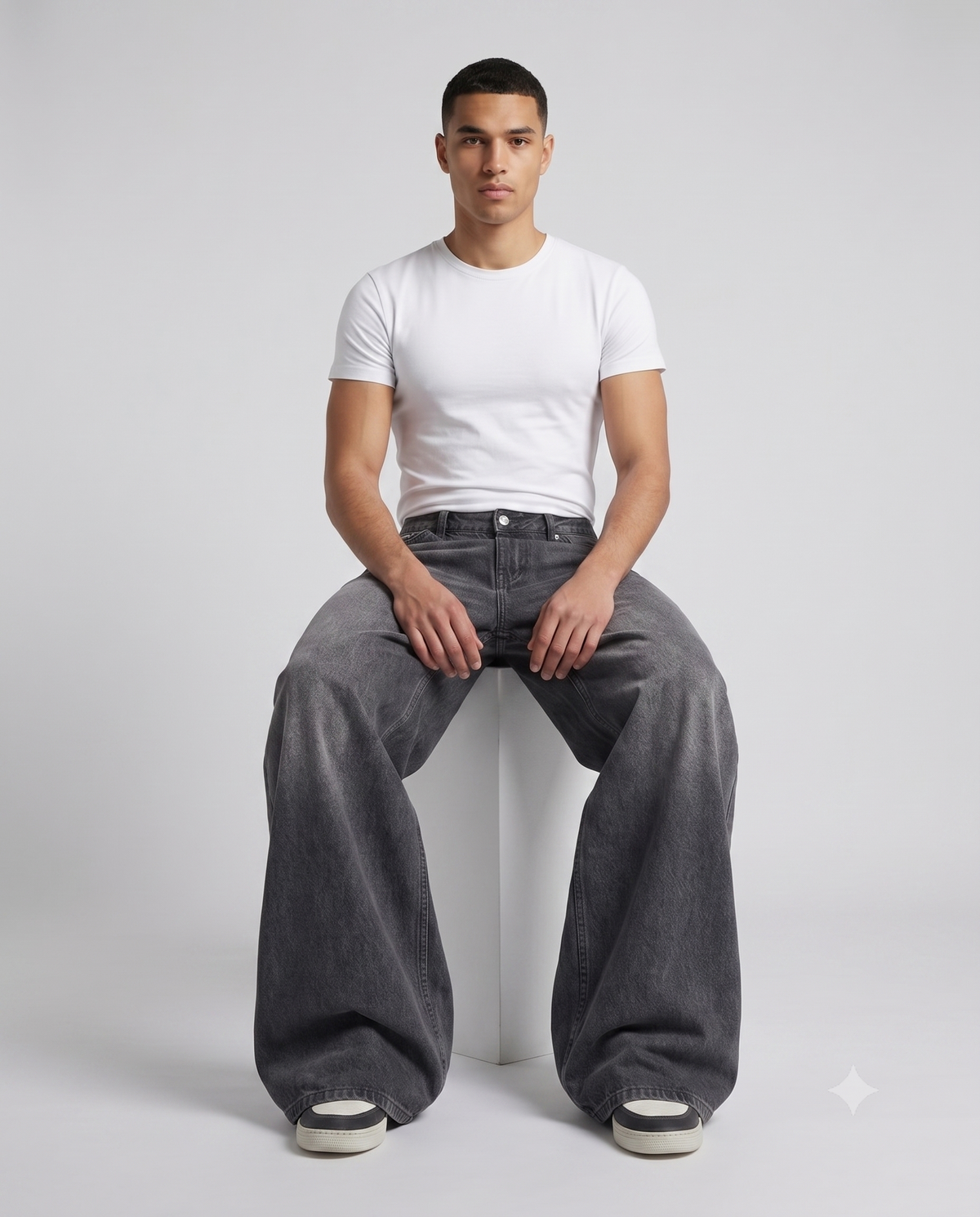 Easy Jeans — Comic Night on model — seated fit view