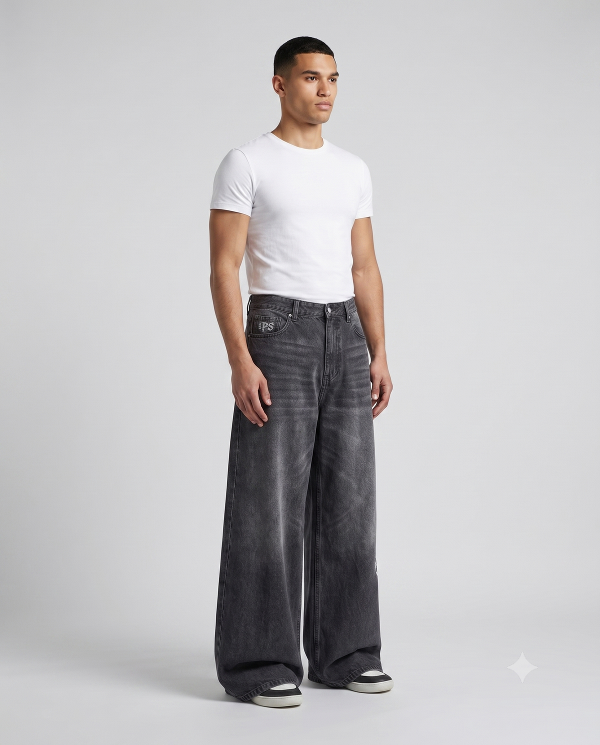 Easy Jeans — Comic Night on model — three-quarter view