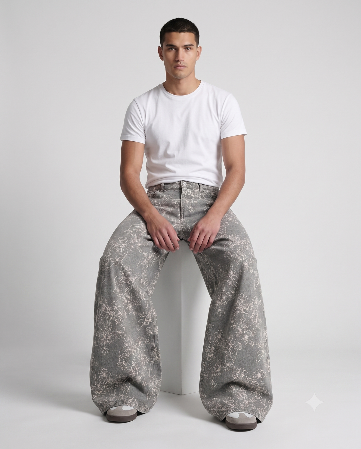 Easy Jeans — Garden Weave on model — seated fit view