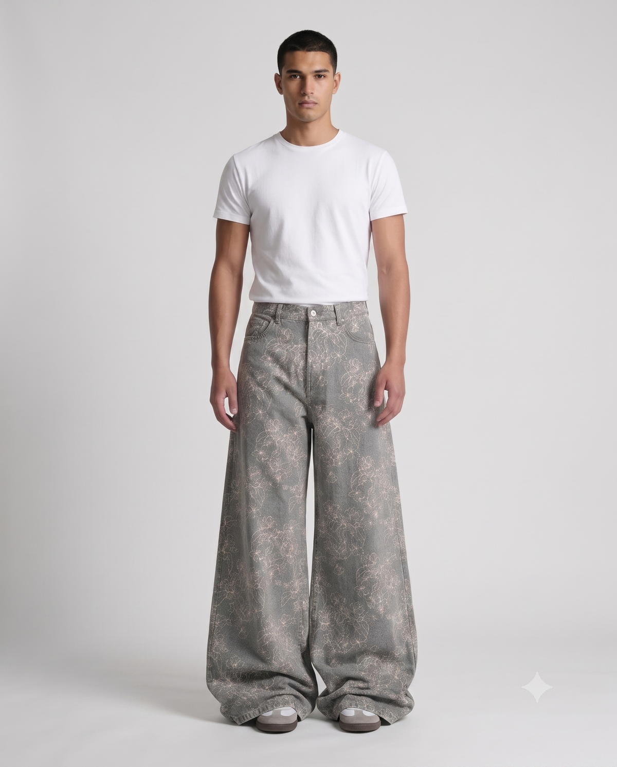 Easy Jeans — Garden Weave on model — walking, fabric in motion