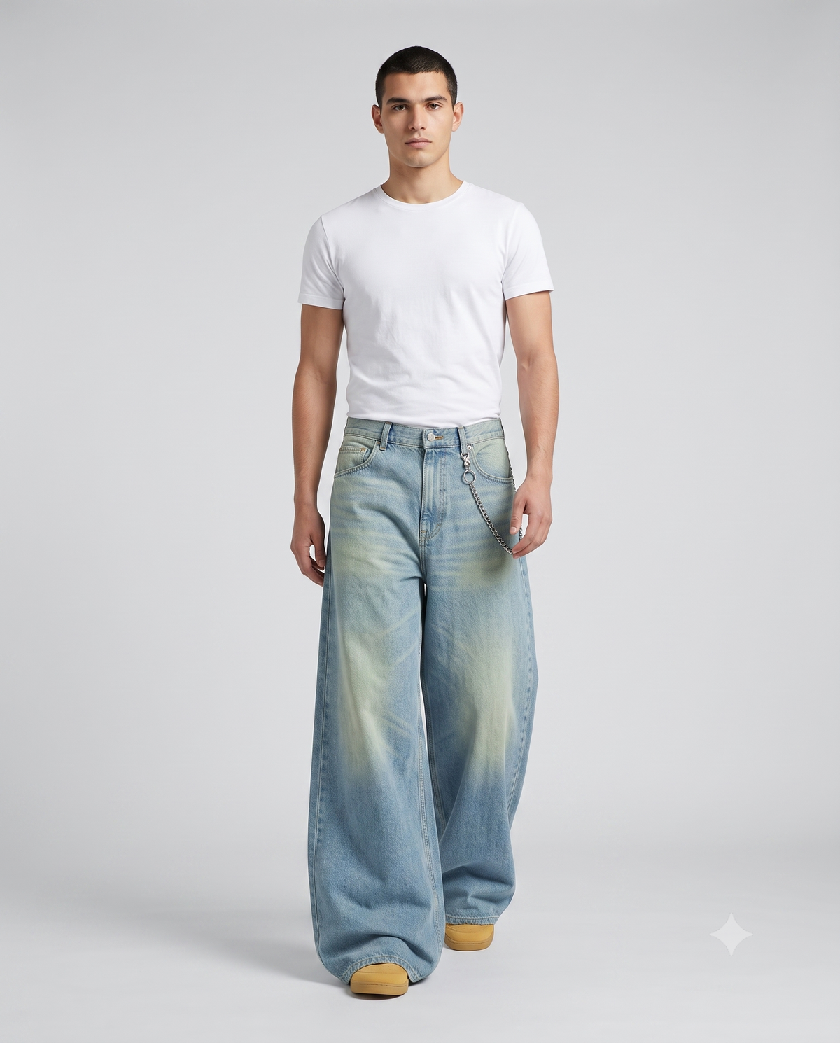 Cooper Jeans — Arc Wash on model — walking, fabric in motion