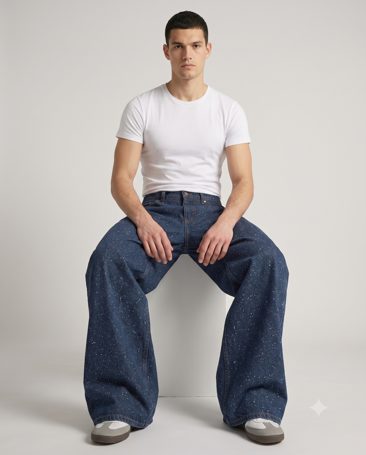 Slack Jeans — Vine Wash on model — seated fit view