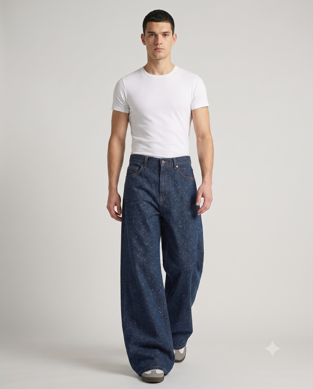 Slack Jeans — Vine Wash on model — walking, fabric in motion