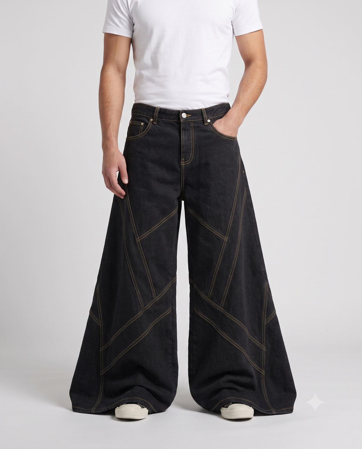 Boulevard Jeans — Gold Seam on model — waist and pocket detail