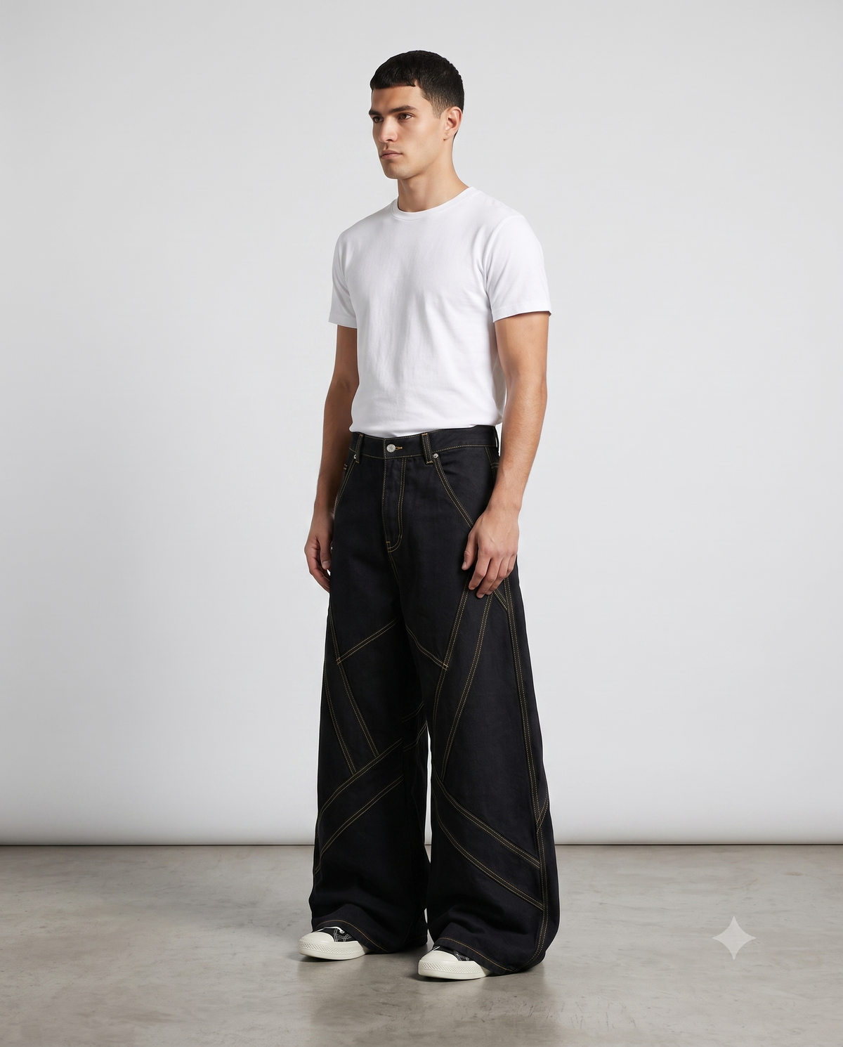 Boulevard Jeans — Gold Seam on model — three-quarter view