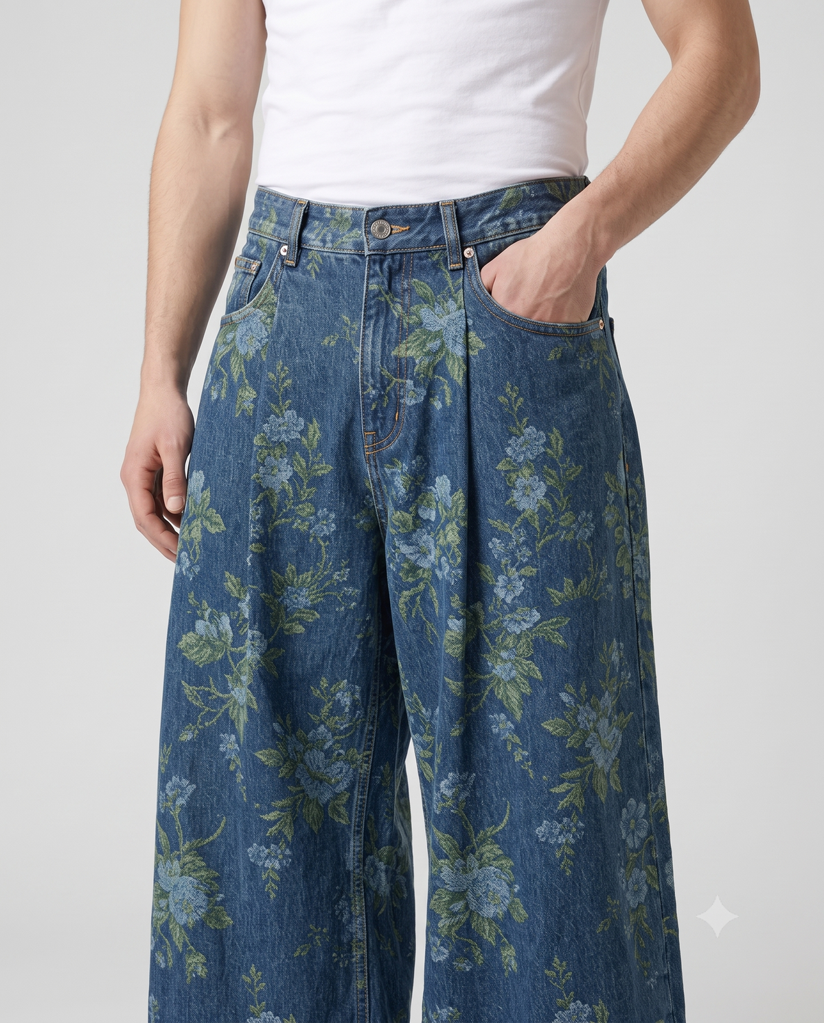 Slack Jeans — Meadow Weave on model — waist and pocket detail