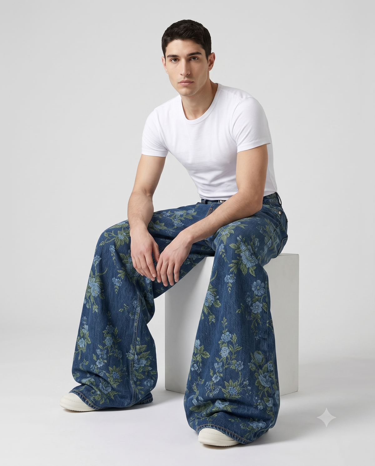 Slack Jeans — Meadow Weave on model — seated fit view