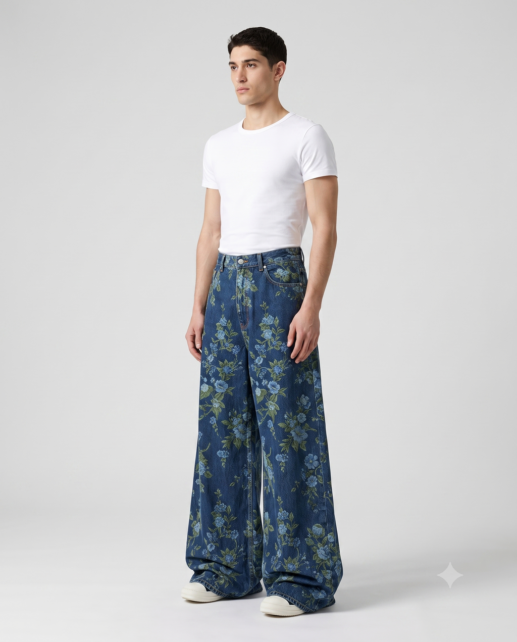 Slack Jeans — Meadow Weave on model — three-quarter view