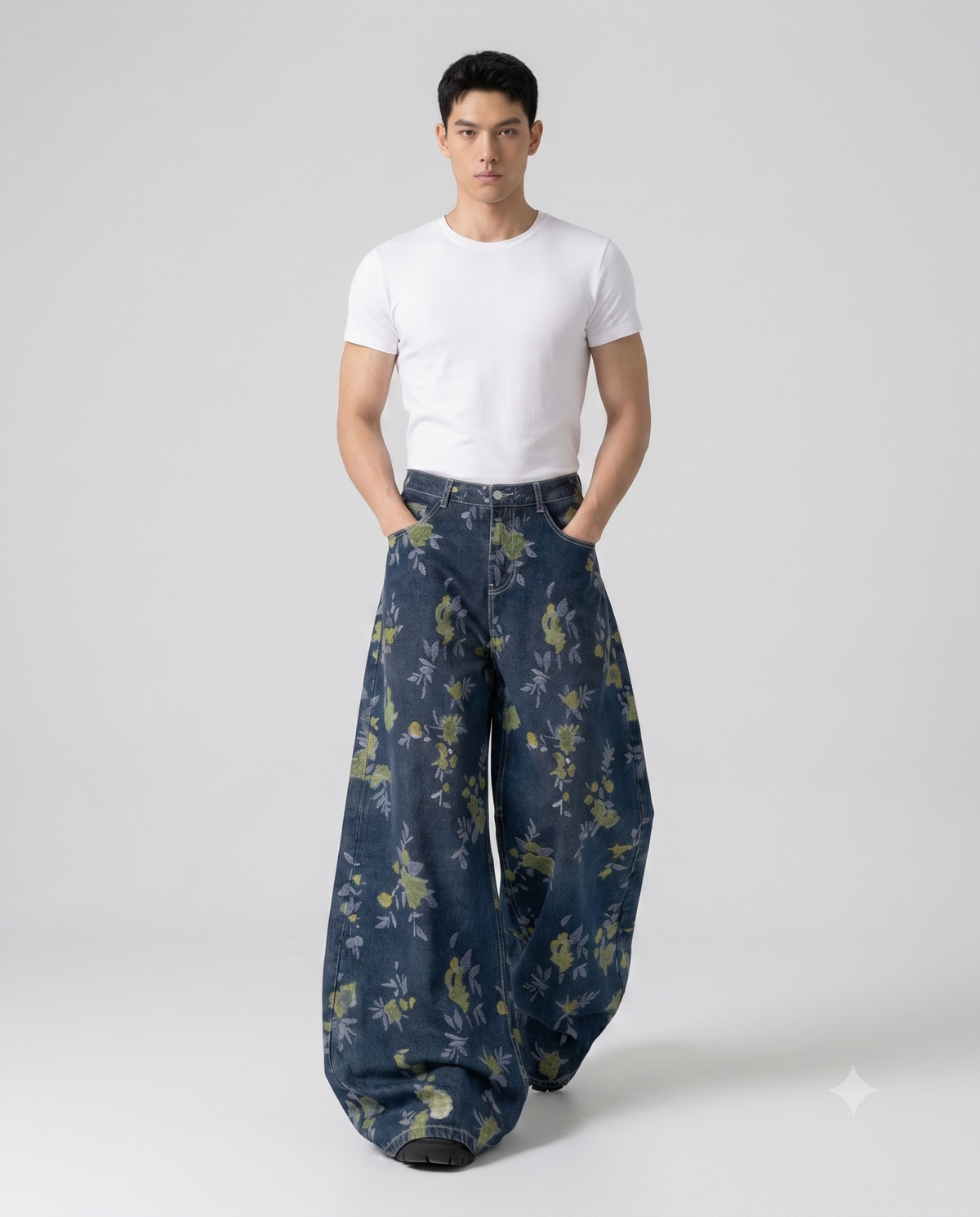 Slack Jeans — Meadow Weave on model — walking, fabric in motion