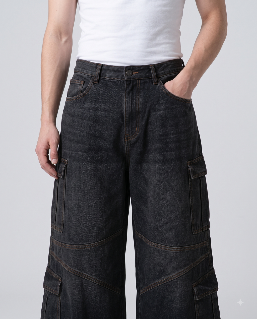 Boulevard Cargo Jeans — Onyx on model — waist and pocket detail
