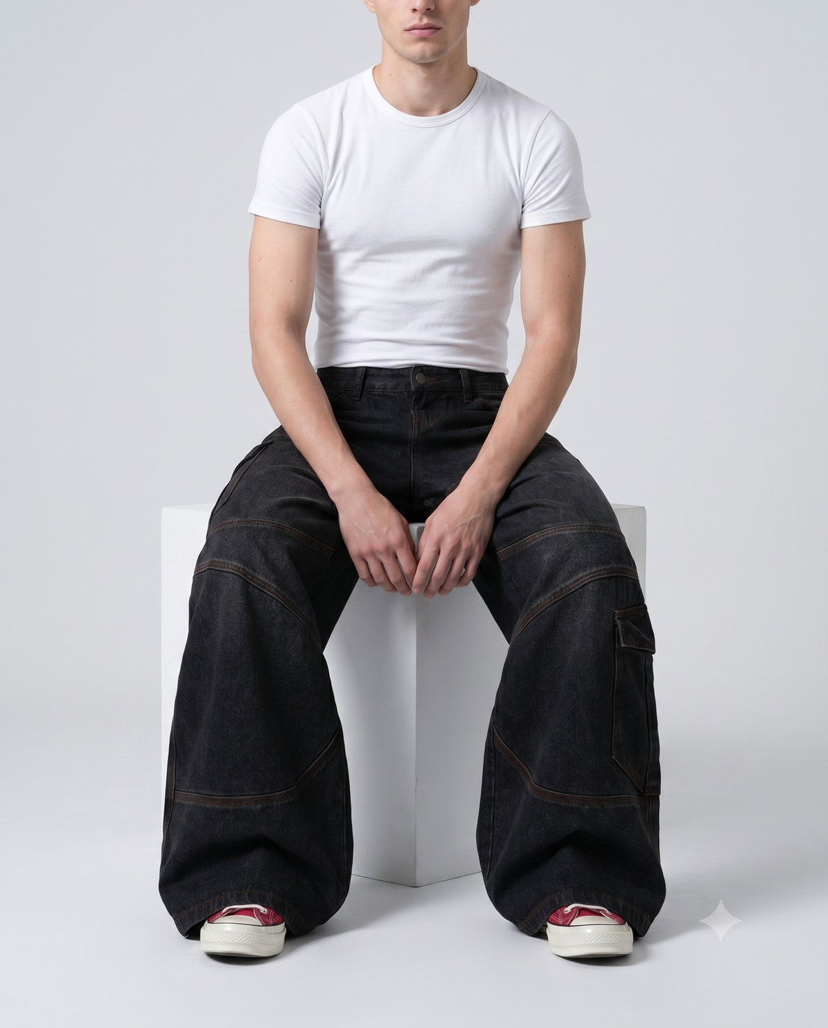 Boulevard Cargo Jeans — Onyx on model — seated fit view