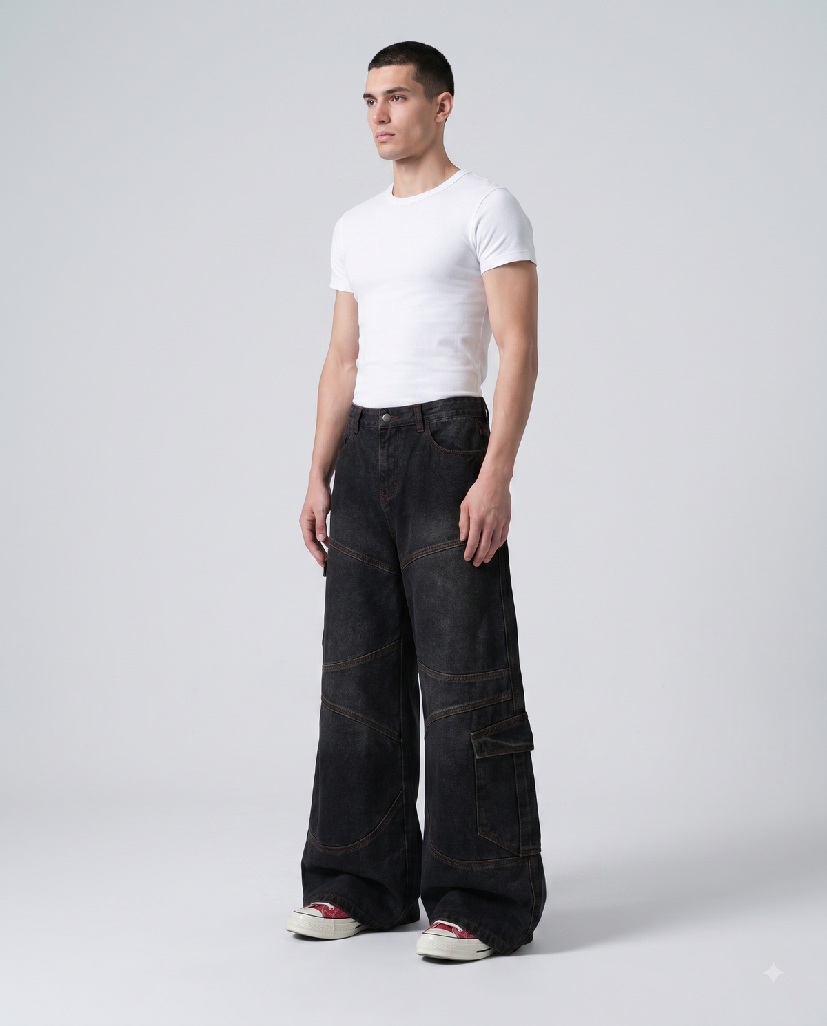 Boulevard Cargo Jeans — Onyx on model — three-quarter view