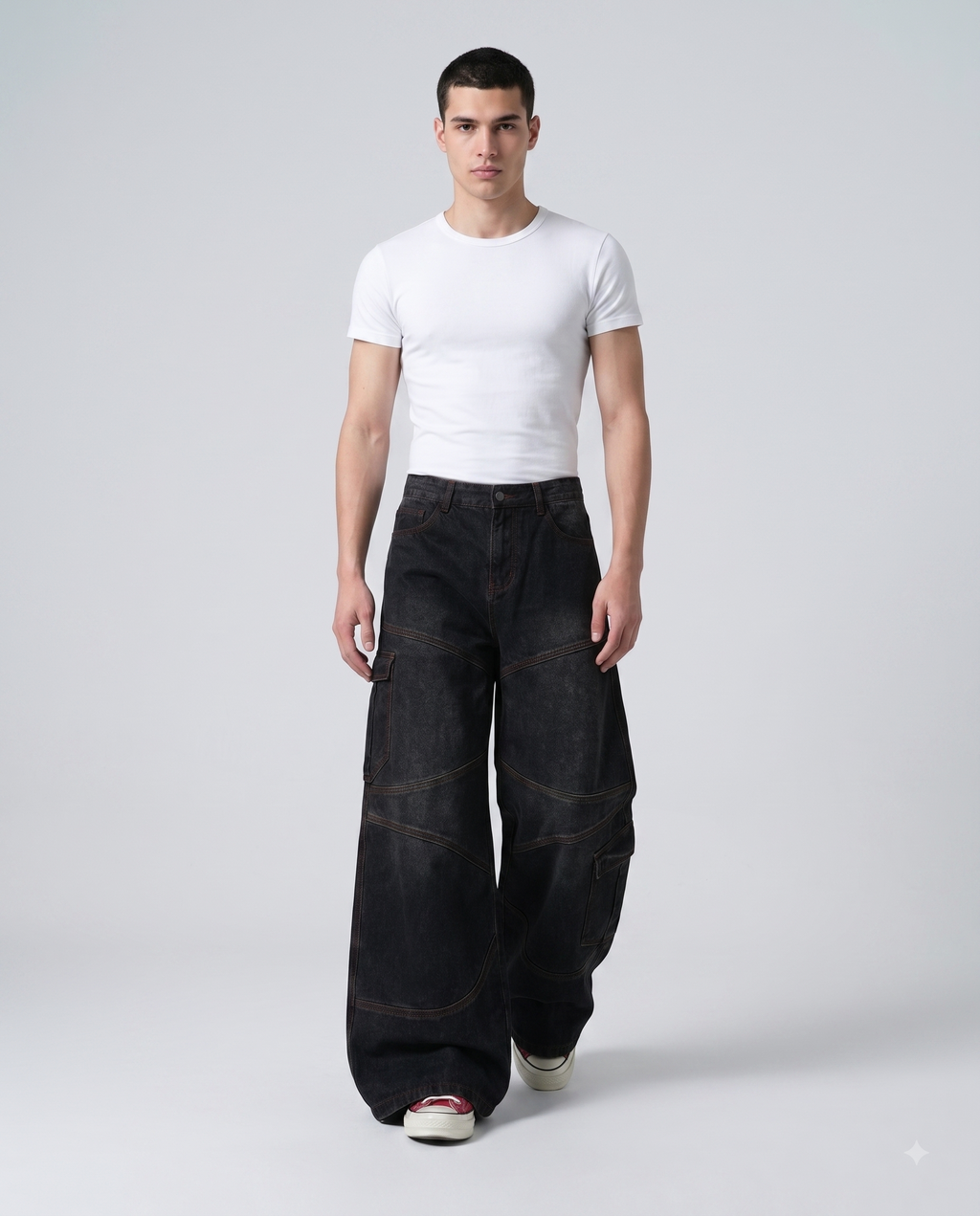 Boulevard Cargo Jeans — Onyx on model — walking, fabric in motion